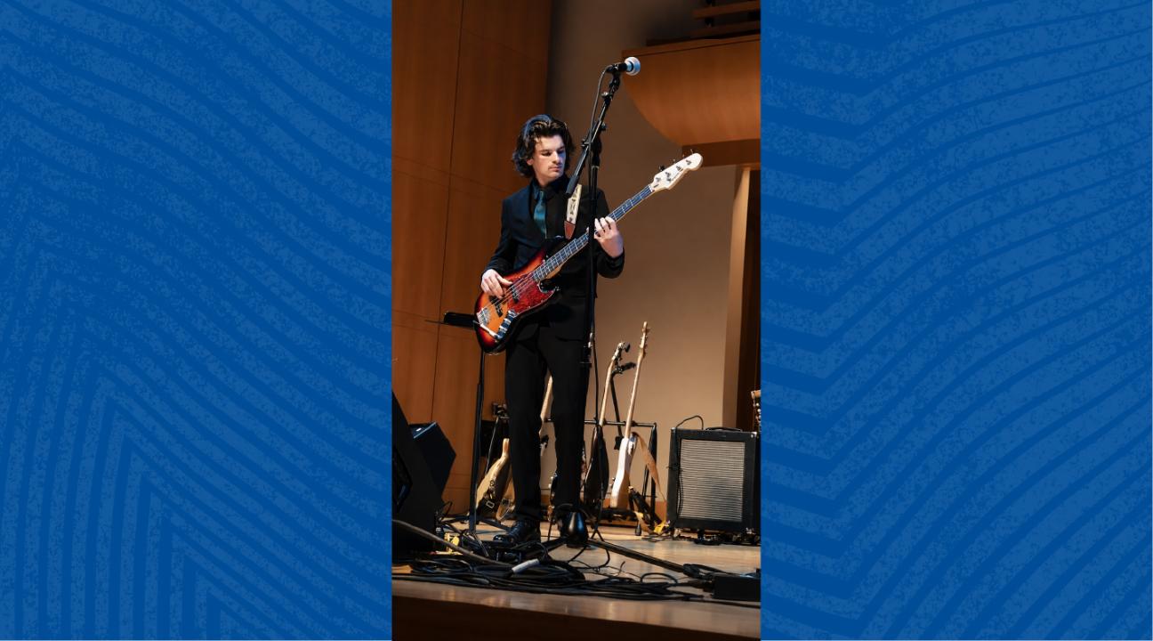 Sonoma State student Chris Fromm plays electric bass guitar during the Rock Collegium concert at the Green Music Center.