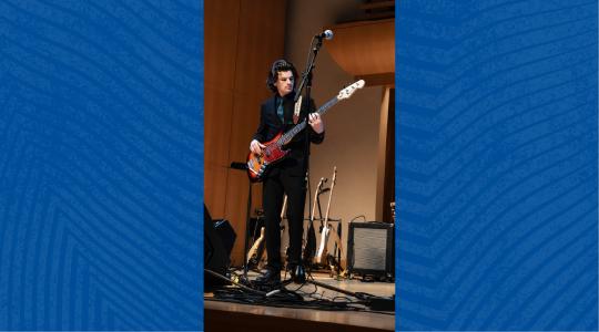 Sonoma State student Chris Fromm plays electric bass guitar during the Rock Collegium concert at the Green Music Center.
