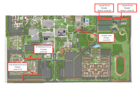 A map displaying campus road closures for June 2026