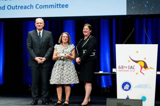 Lynn Cominsky received the 2017 Frank J. Malina Astronautics Medal from IAF President, Jean-Yves Le Gall at the IAC Closing Ceremony in Adelaide, Australia.