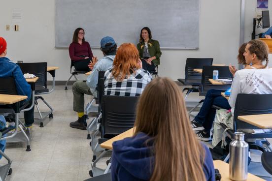 Kara L. de Lambert (left) and Jennifer Shada speak to SSU student artists on Nov. 6.