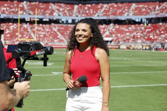 SSU alum Aubrie Tolliver engages, informs 49ers fans at Levi's Stadium.