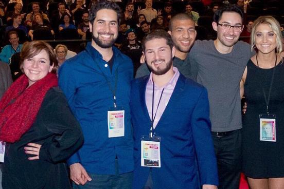 Alex Bretow, third from left, with the director and members of the cast and crew at the world premiere of "The Secret of 40" in San Jose on March 4