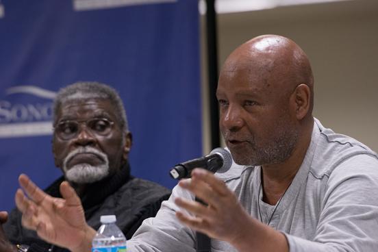 Black Panther artist Emory Douglas speaks at the Black Panther panel discussion in the SSU library on March 27 // Photos by Nicolas Grizzle Emory Douglas