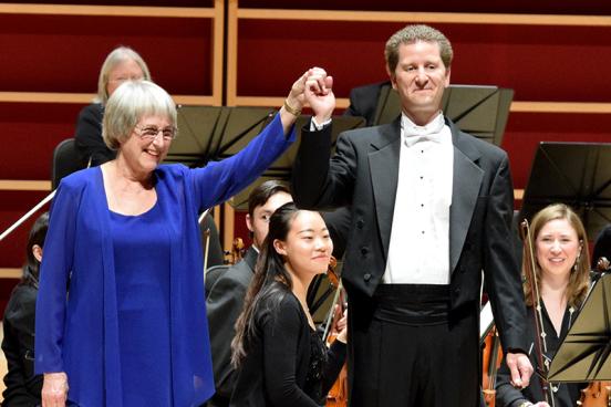 Piano soloist Marilyn Thompson and SSU Symphony Orchestra Director Alex Kahn take a bow at the end of their performance