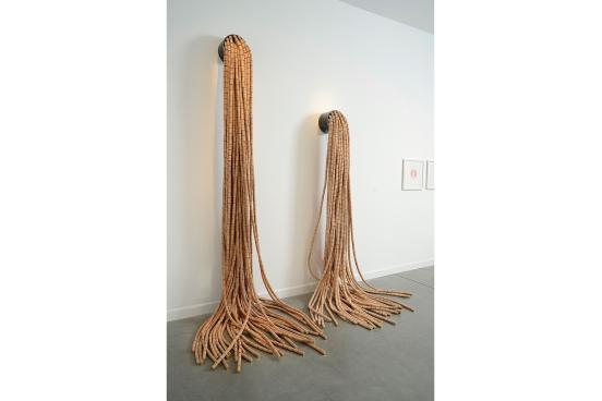 Jann Nunn "Chianti and Merlot," 2 parts of the 4-part installation, "Don’t Stop", 2015 steel, cork, pigment