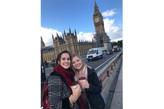 SSU students Marissa Starman, left, and Nicole Hickmott, right, in front of Big Ben in London. Both are studying Psychology abroad at Kingston University in London. // Photo by Marissa Starman