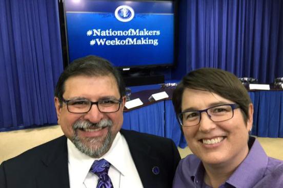 Carlos Ayala and Jessica Parker take a selfie at the Nation of Makers conference at the White House.