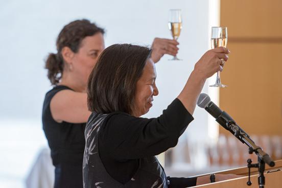 Sonoma State University President Judy K. Sakaki and OLLI Director Carin Jacobs toast the OLLI program at a champagne reception Friday afternoon after President Sakaki announced it has received a $2 million bequest. 