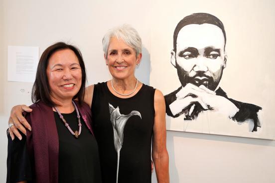 SSU President Judy Sakaki with artist Joan Baez and her painting of Martin Luther King, Jr.