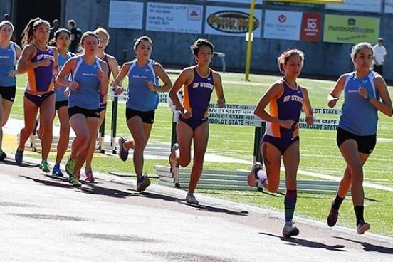 Maria Hurtado (right) leads a pack of Seawolves in the 1500-meter run on Saturday. // Photo by SSU Athletics Maria Hurtado leads a pack of Seawolves in the 1500-meter run on Saturday