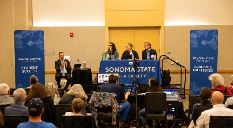 Three panelists and a moderator at SSU alumni panel about 2024 election