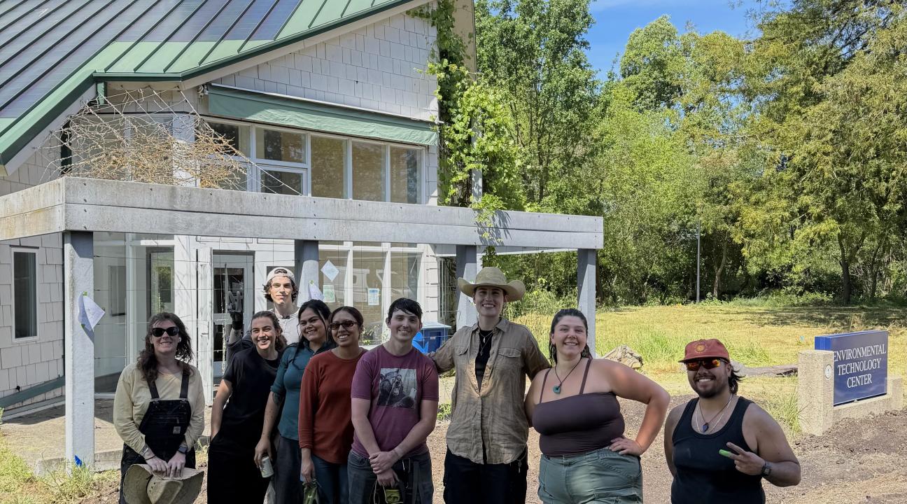 AJ Staal and bioswale project volunteer team outside Sonoma State Environmental Technology Center.