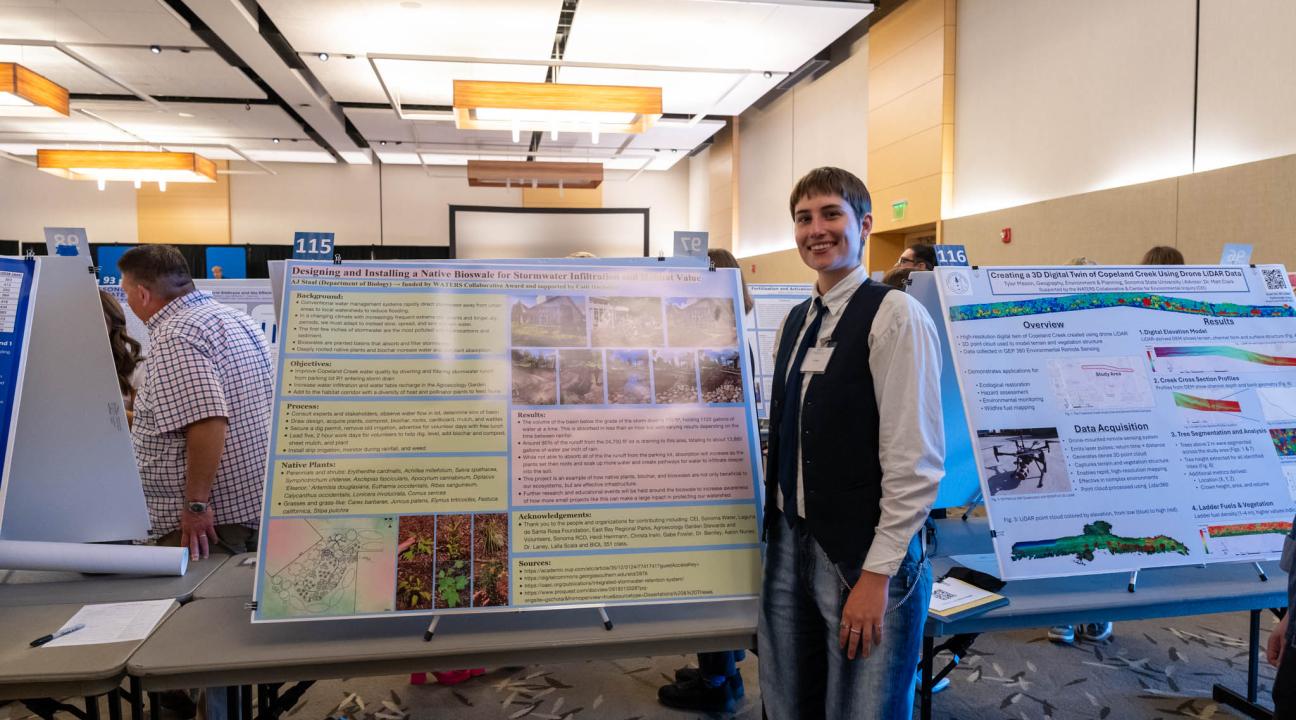 AJ Staal presents research poster on the bioswale project at the Sonoma State Research, Scholarship and Creativity Symposium in April 2026. 