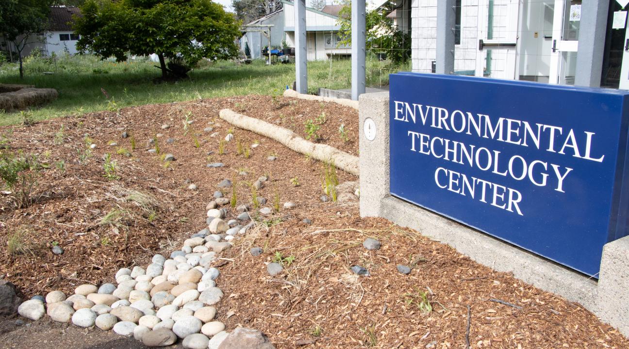 A bioswale installed in front of SSU's Environmental Technology Center will help filter storm runoff before it drains to Copeland Creek