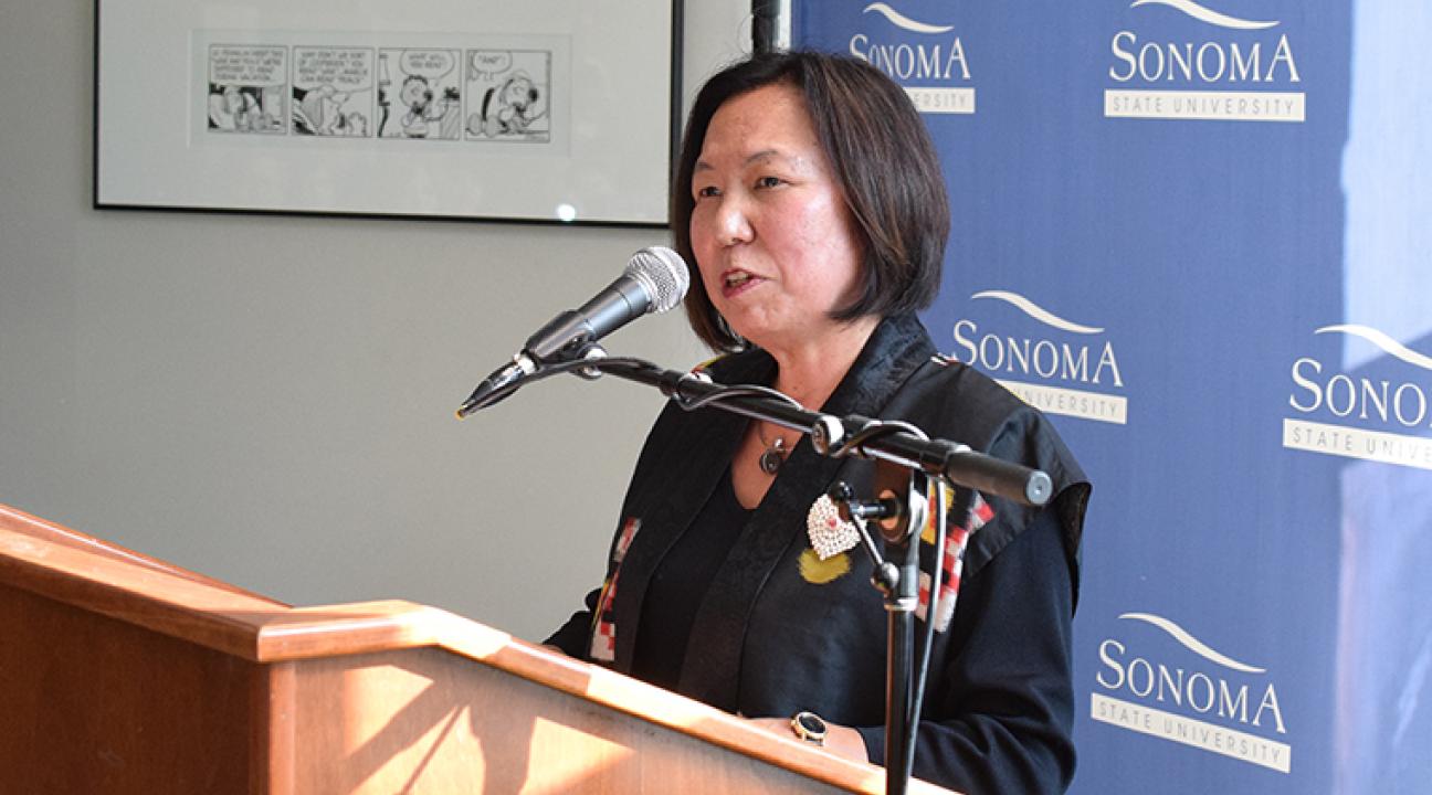 judy sakaki speaking at japanese nternment camp talk