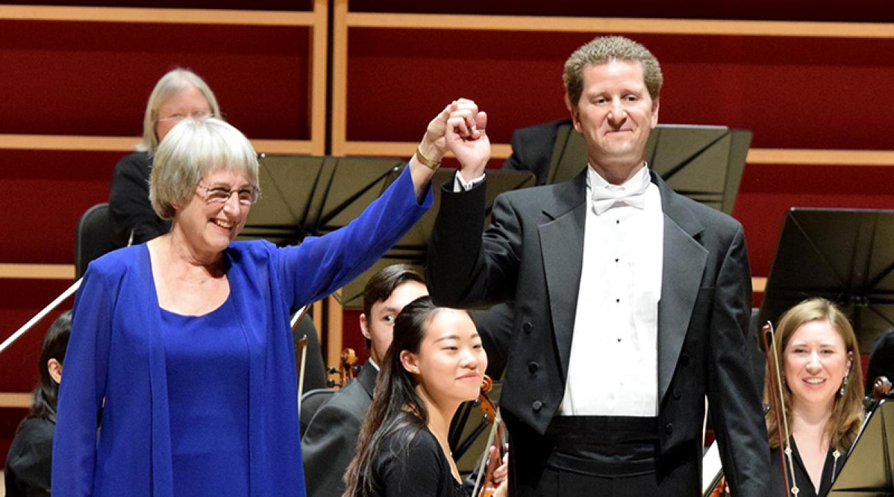 Piano soloist Marilyn Thompson and SSU Symphony Orchestra Director Alex Kahn take a bow at the end of their performance