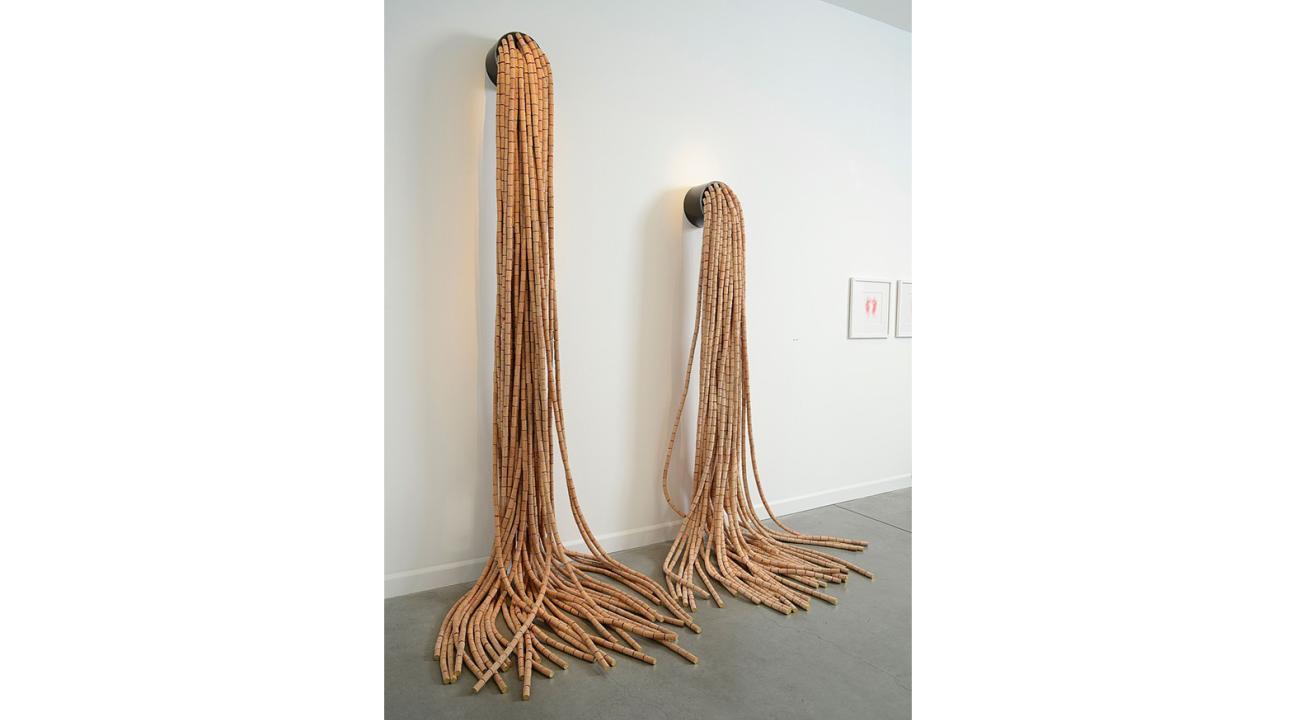 Jann Nunn "Chianti and Merlot," 2 parts of the 4-part installation, "Don’t Stop", 2015 steel, cork, pigment