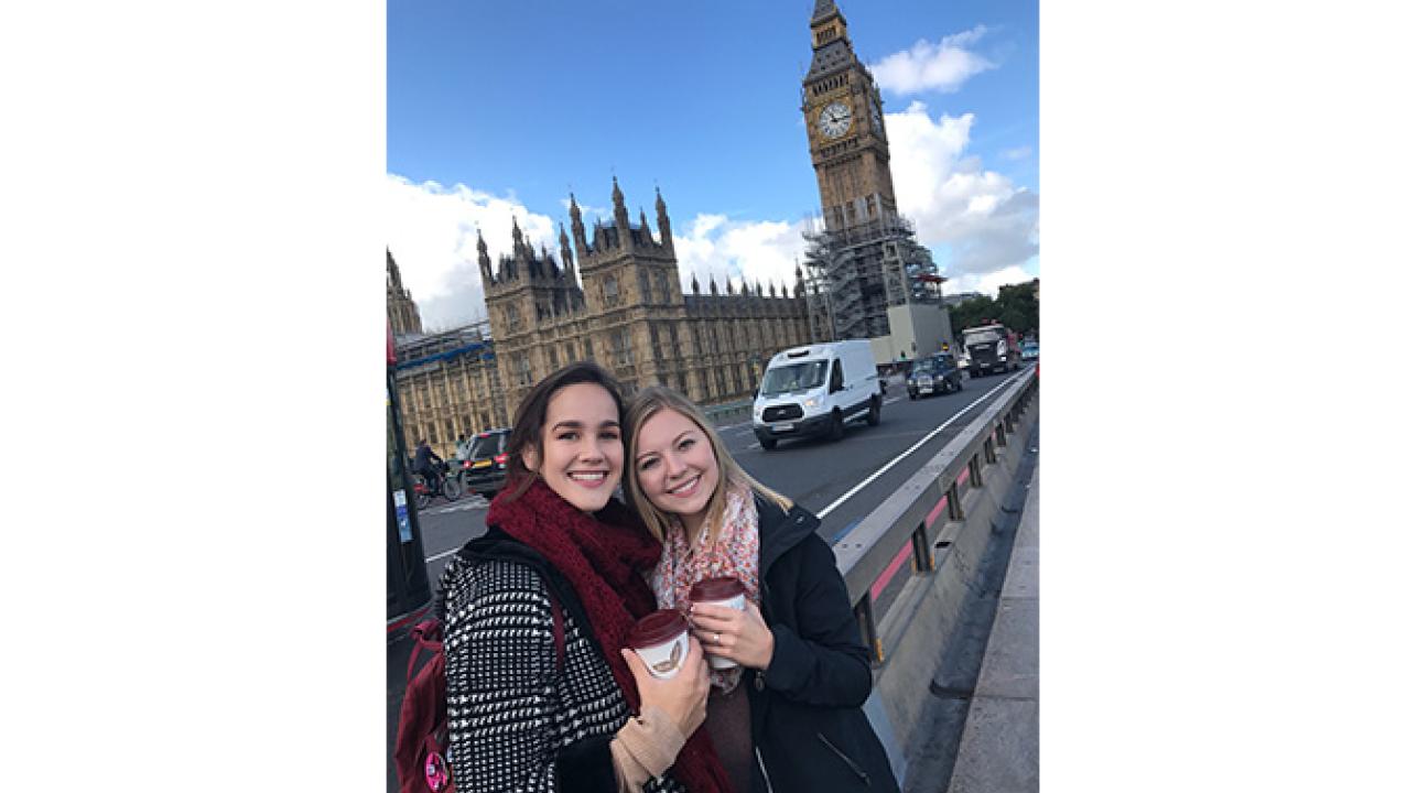 SSU students Marissa Starman, left, and Nicole Hickmott, right, in front of Big Ben in London. Both are studying Psychology abroad at Kingston University in London. // Photo by Marissa Starman
