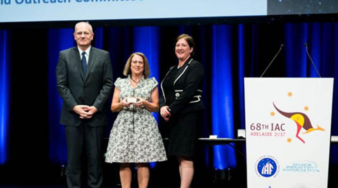 Lynn Cominsky received the 2017 Frank J. Malina Astronautics Medal from IAF President, Jean-Yves Le Gall at the IAC Closing Ceremony in Adelaide, Australia.