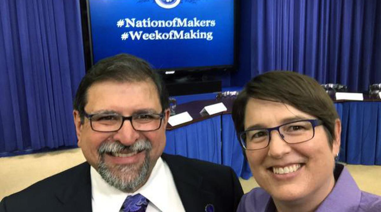 Carlos Ayala and Jessica Parker take a selfie at the Nation of Makers conference at the White House.
