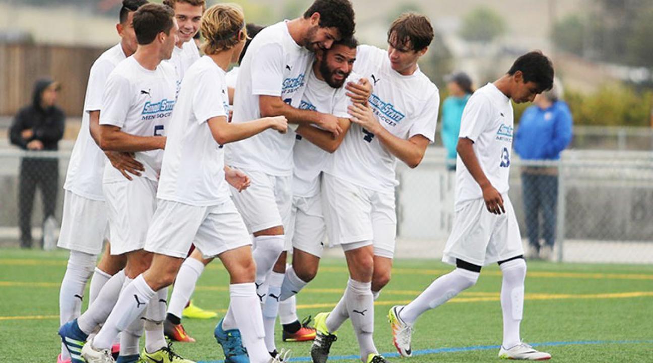 men's soccer team celebrates victory