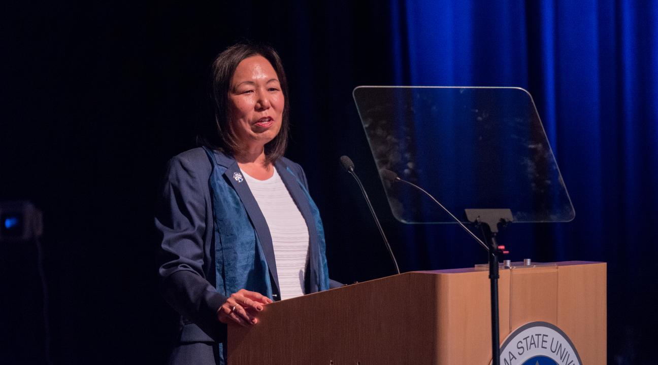 President Judy K. Sakaki speaks at Convocation 2017 in Weill Hall