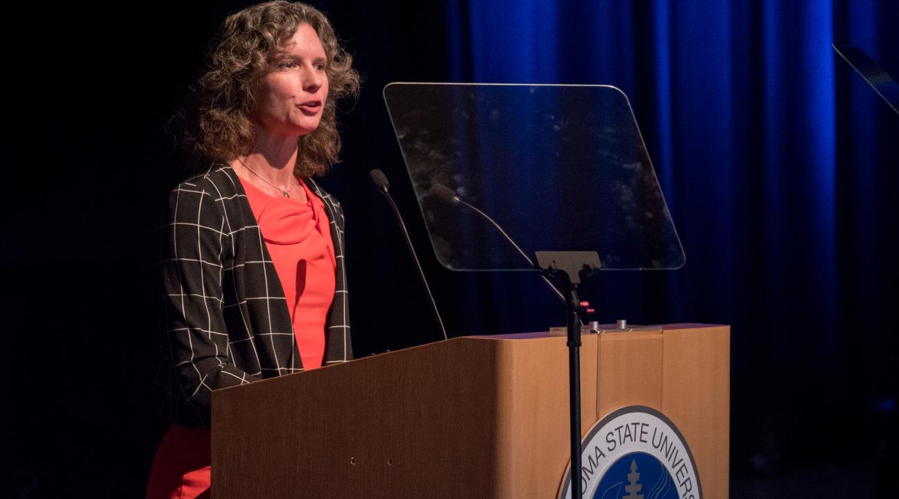 Provost Lisa Vollendorf speaks at Convocation 2017 in Weill Hall