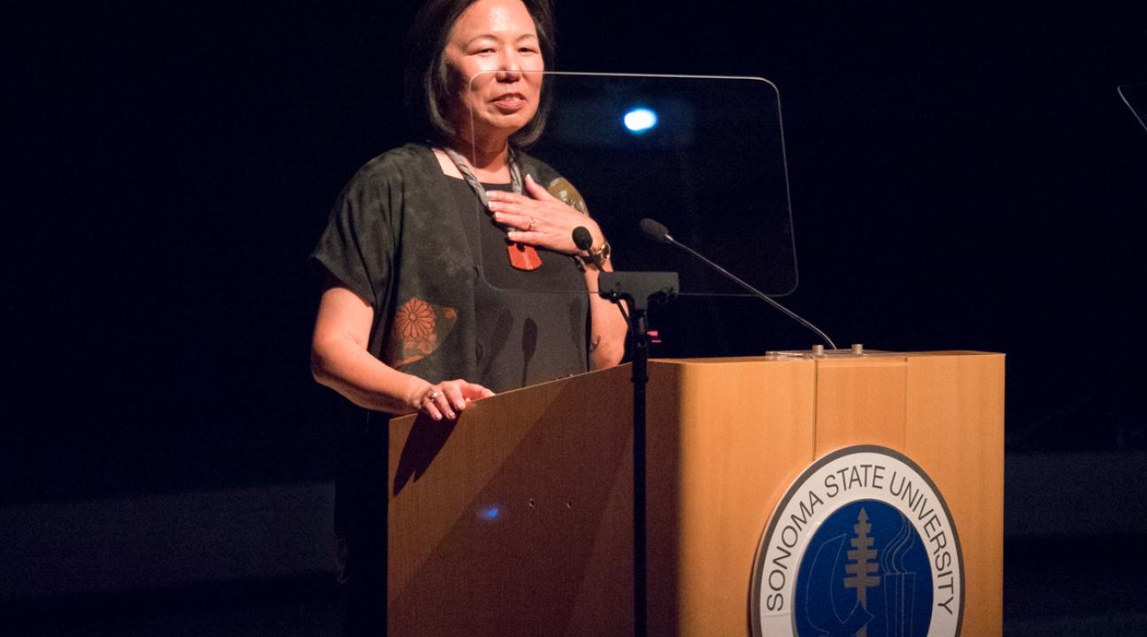 President Sakaki speaks at the Women in Conversation Event in Weill Hall