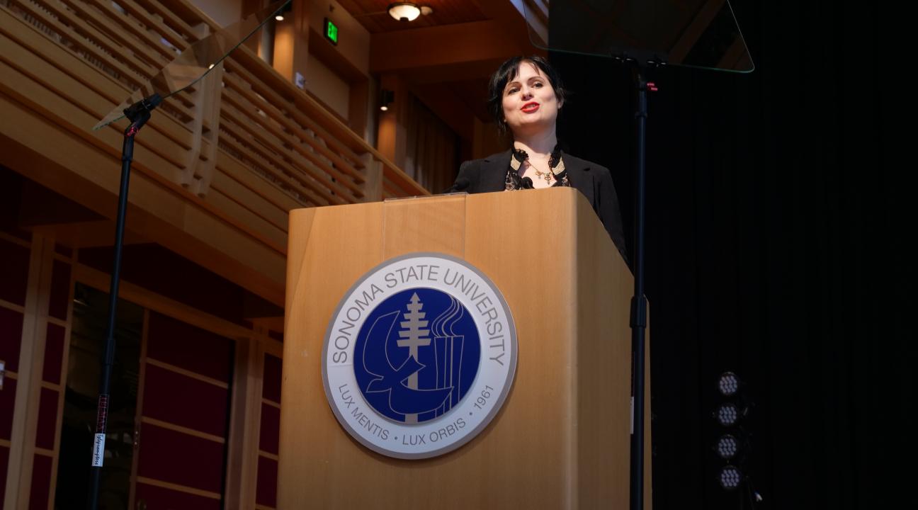 Sakina Gerhard Bryant spoke as one of the winners of the Excellence in Teaching Awards for 2018 along with Scott Horstein