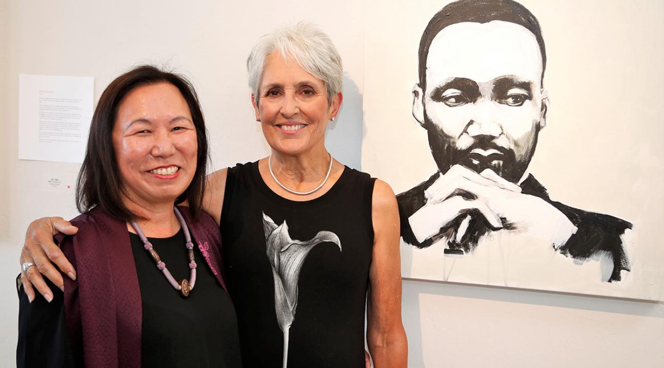 SSU President Judy Sakaki with artist Joan Baez and her painting of Martin Luther King, Jr.