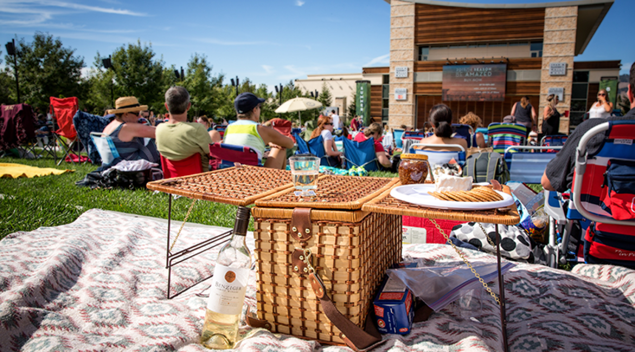 picnic basket on Weill Hall lawn