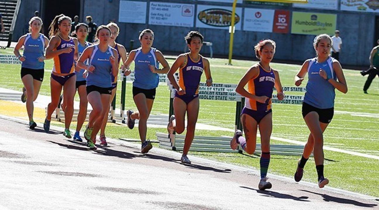 Maria Hurtado leads a pack of Seawolves in the 1500-meter run on Saturday