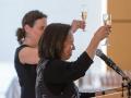 Sonoma State University President Judy K. Sakaki and OLLI Director Carin Jacobs toast the OLLI program at a champagne reception Friday afternoon after President Sakaki announced it has received a $2 million bequest. 