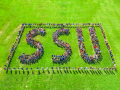 SSU students and their families spell out "SSU" at Welcome Weekend. 