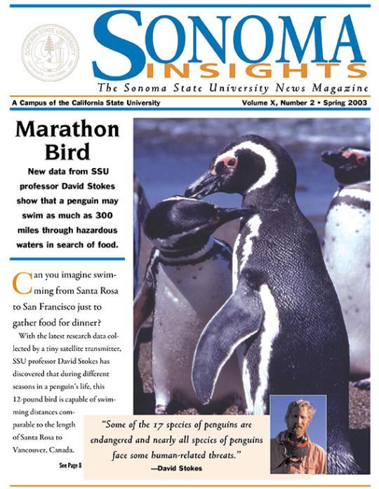 Cover of Sonoma Insights, the Sonoma State university News Magazine.  A campus of the California State University.   Volume X, Number 2.   Marathon Bird.  