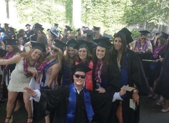 Gina Villeggiante (second from right) flanked by classmates at her 2013 graduation from Sonoma State