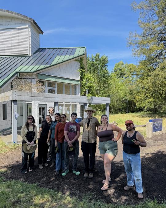 AJ Staal and bioswale project volunteer team outside Sonoma State Environmental Technology Center.