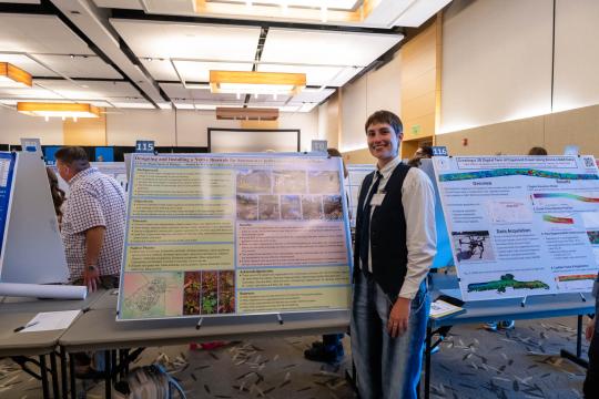 AJ Staal presents research poster on the bioswale project at the Sonoma State Research, Scholarship and Creativity Symposium in April 2026. 
