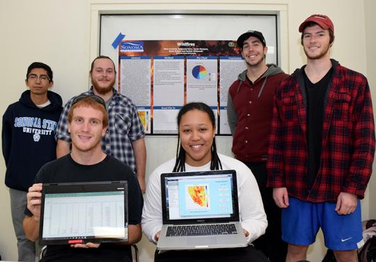 group of students showing data visualization on laptops