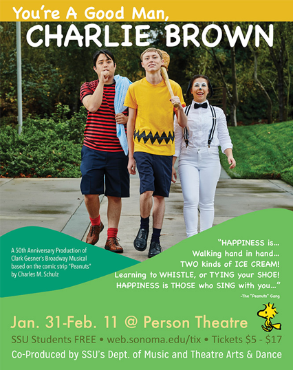 SSU Students Matthew Adiao (Linus), Noah Evans (Charlie Brown) and Emily Rice (Snoopy),  perform in Clark Gesner’s award-winning musical "You’re A Good Man, Charlie Brown,"