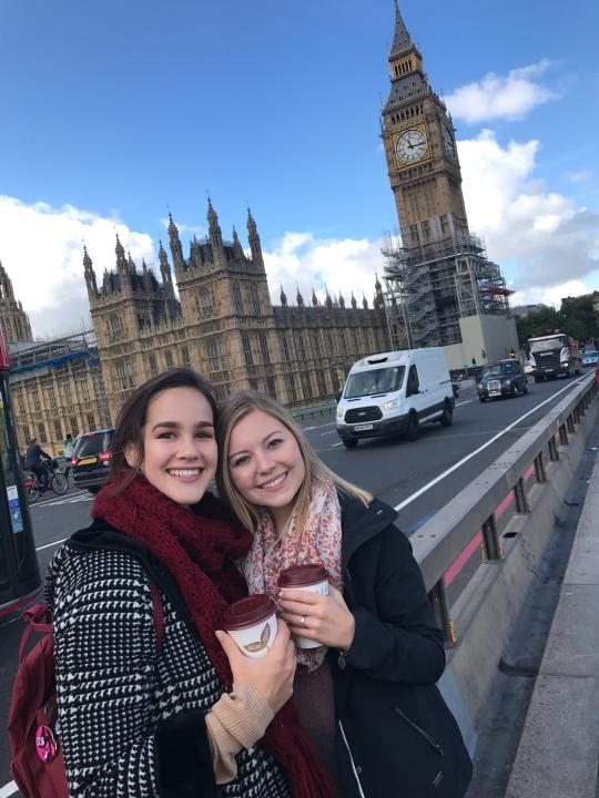  SSU students Marissa Starman, left, and Nicole Hickmott, right, in front of Big Ben in London. Both are studying Psychology abroad at Kingston University. ( 