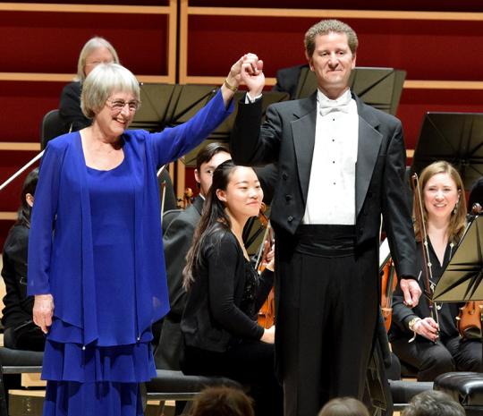 Piano soloist Marilyn Thompson and SSU Symphony Orchestra Director Alex Kahn take a bow at the end of their performance