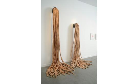 Jann Nunn "Chianti and Merlot," 2 parts of the 4-part installation, "Don’t Stop", 2015 steel, cork, pigment