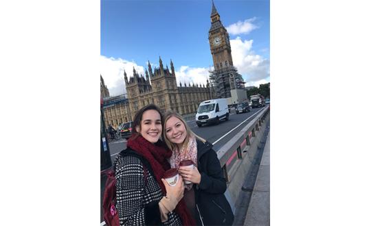 SSU students Marissa Starman, left, and Nicole Hickmott, right, in front of Big Ben in London. Both are studying Psychology abroad at Kingston University in London. // Photo by Marissa Starman