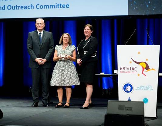 Lynn Cominsky received the 2017 Frank J. Malina Astronautics Medal from IAF President, Jean-Yves Le Gall at the IAC Closing Ceremony in Adelaide, Australia.