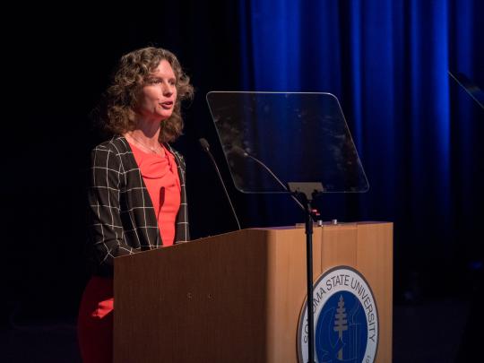 Provost Lisa Vollendorf speaks at Convocation 2017 in Weill Hall