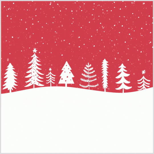 An animated gif of snow falling with trees in the background and a holiday message in the foreground