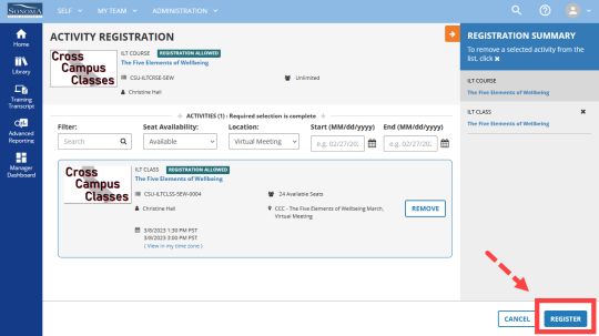 Screenshot of the 'Cross Campus Classes' registration process