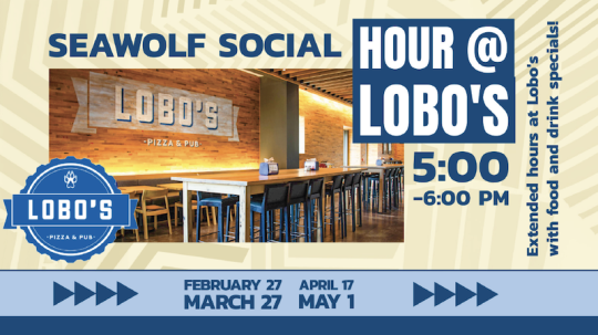 Event flyer for 'Seawolf Social Hour' at Lobo's